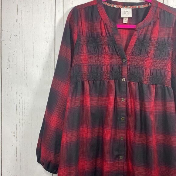 Knox Rose Womens Plaid Long Sleeve Smocked Shift Button Front Red Midi Dress - Picture 4 of 15